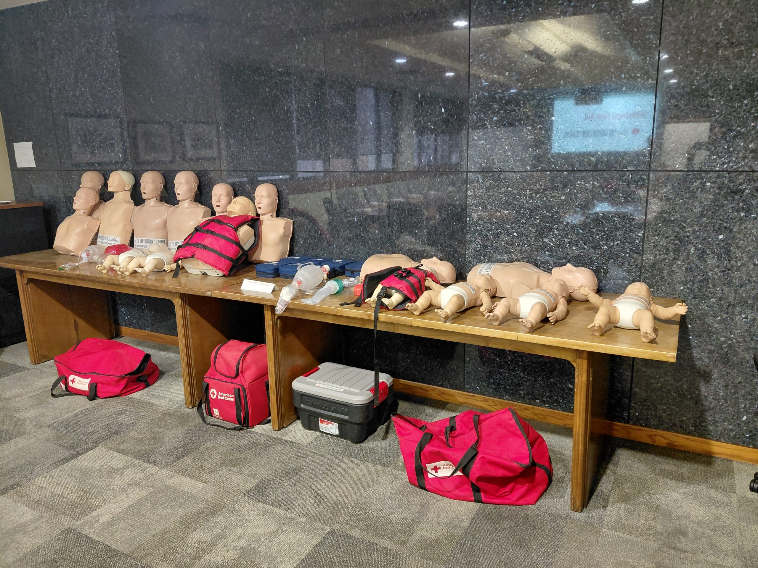 A row of CPR training mannequins — adult and infant — lined up on a bench alongside Red Cross gear bags and AED training kits, prepared by Expedition School instructor Kimery Duda before the Wilderness First Aid course.