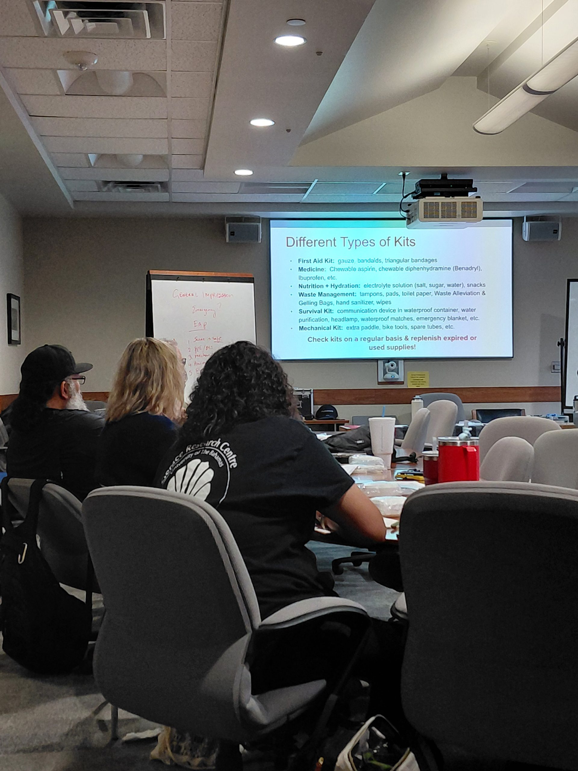 Students at the Expedition School Wilderness First Aid course view a slide titled "Different Types of Kits" covering first aid, medicine, nutrition, waste management, survival, and mechanical kits.